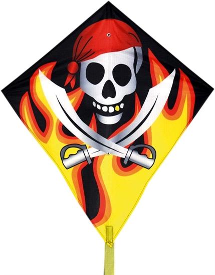 Diamond-shape kite with a white skull wearing a red skull cap and white swords crossd in front.