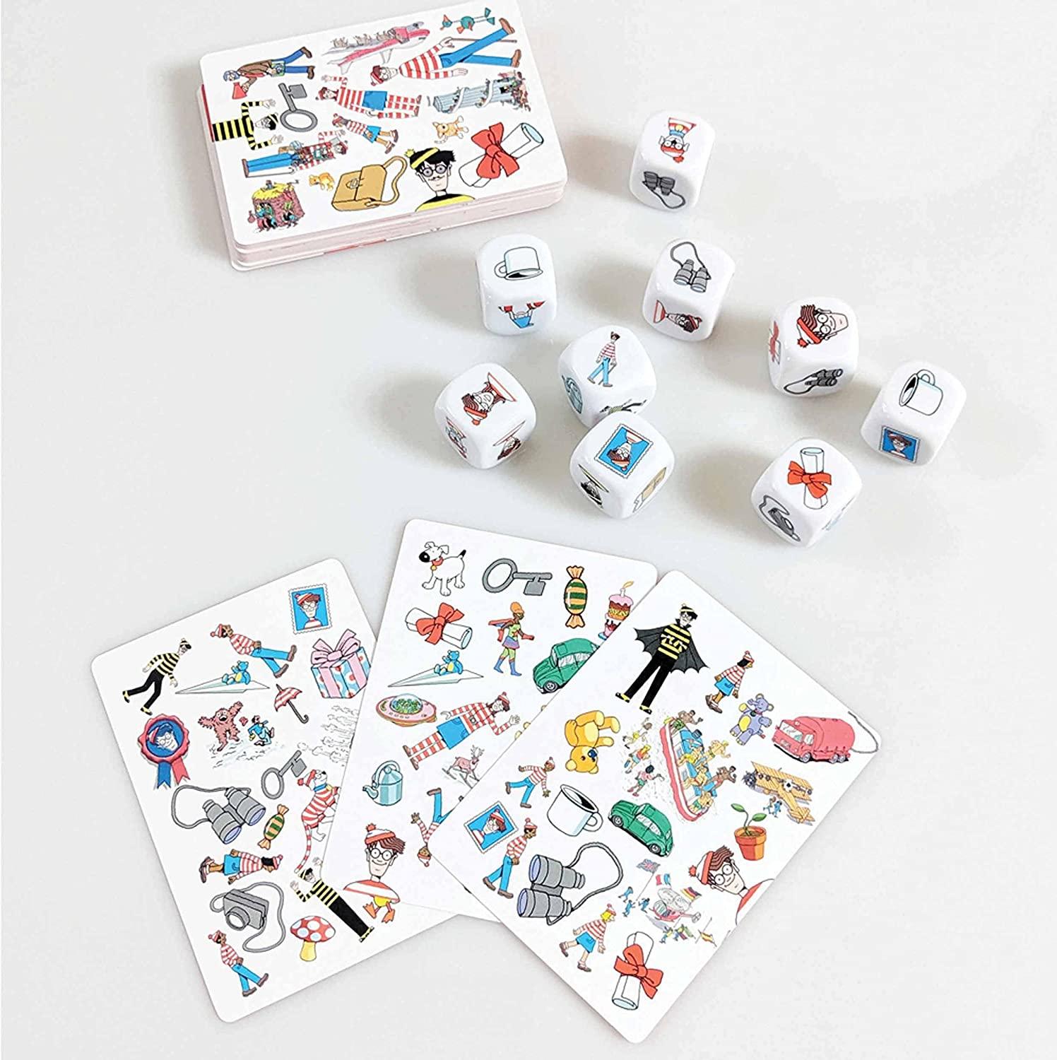 Image showing the pieces that make up the Where's Wally Find it Fast Game - a stack of cards with multiple images and Where's Wally characters and 9 dice with a different character / item on each side.