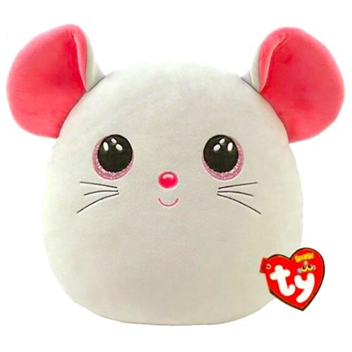 Light grey, oval-shaped squishy soft toy that resembles a mouse.