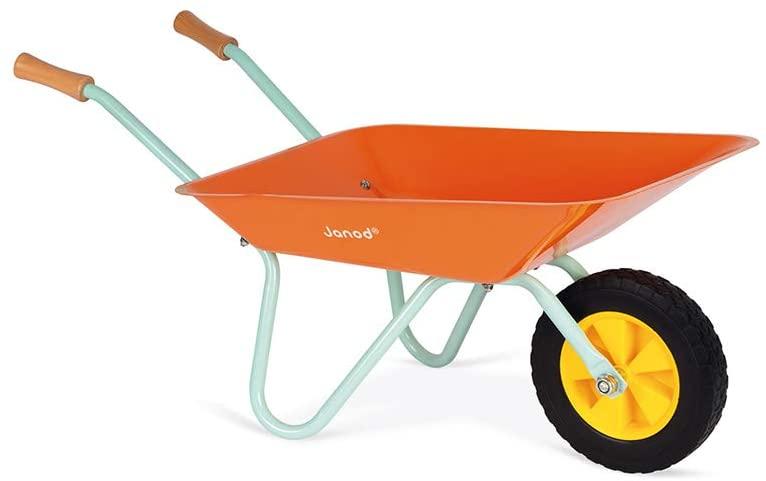 Child's ornage metal wheelbarrow, pale green frame, black tyre with yellow inside.