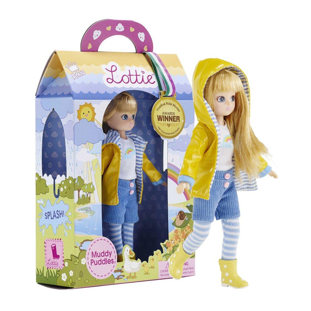 Packaging with Muddy Puddles doll inside and doll standing alongside.