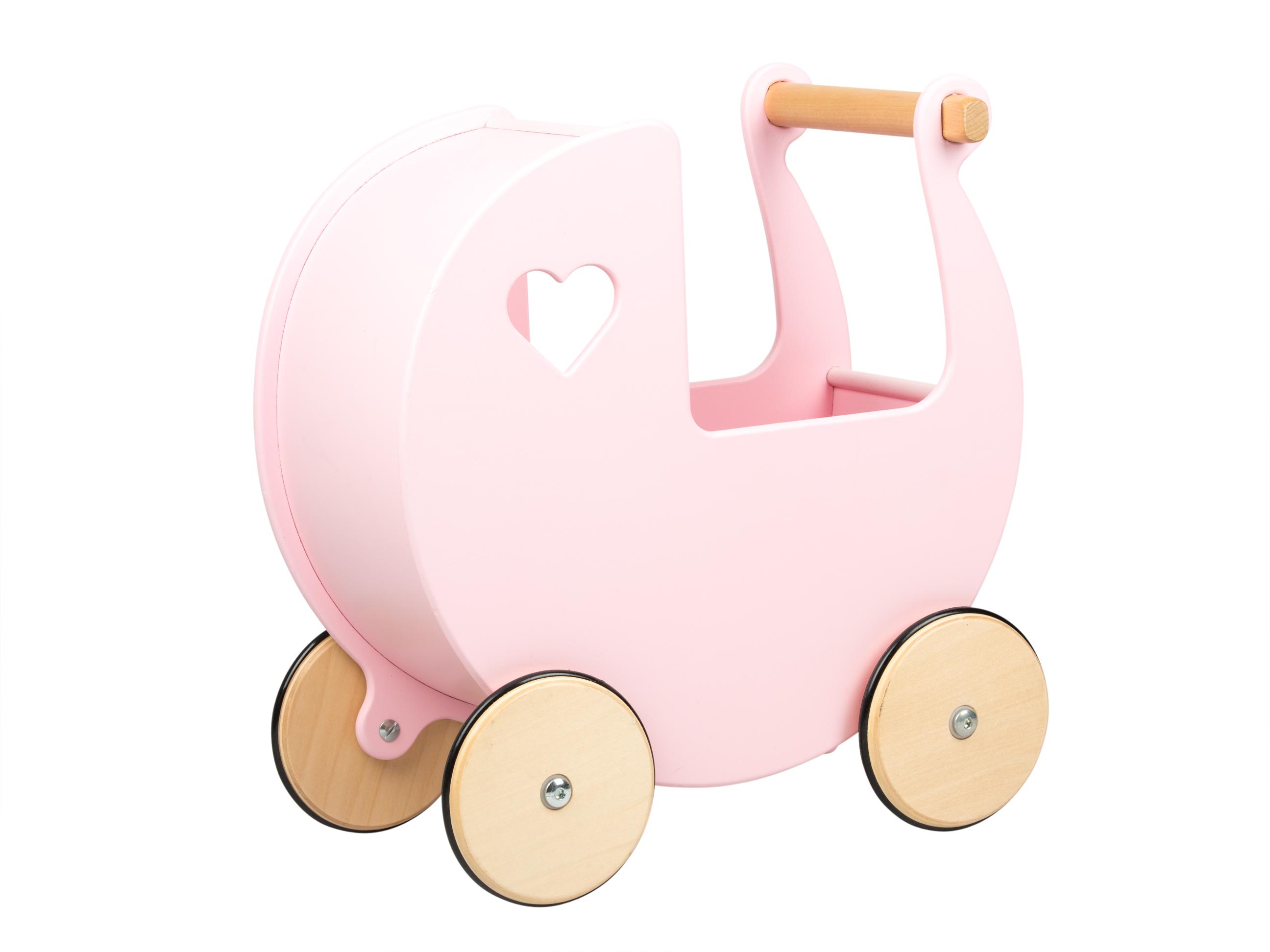 Side-on view of a pink Moover doll's pram