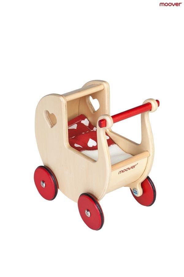 Natural wood coloured Moover pram with red wheels showing the dolls bedding set in place.