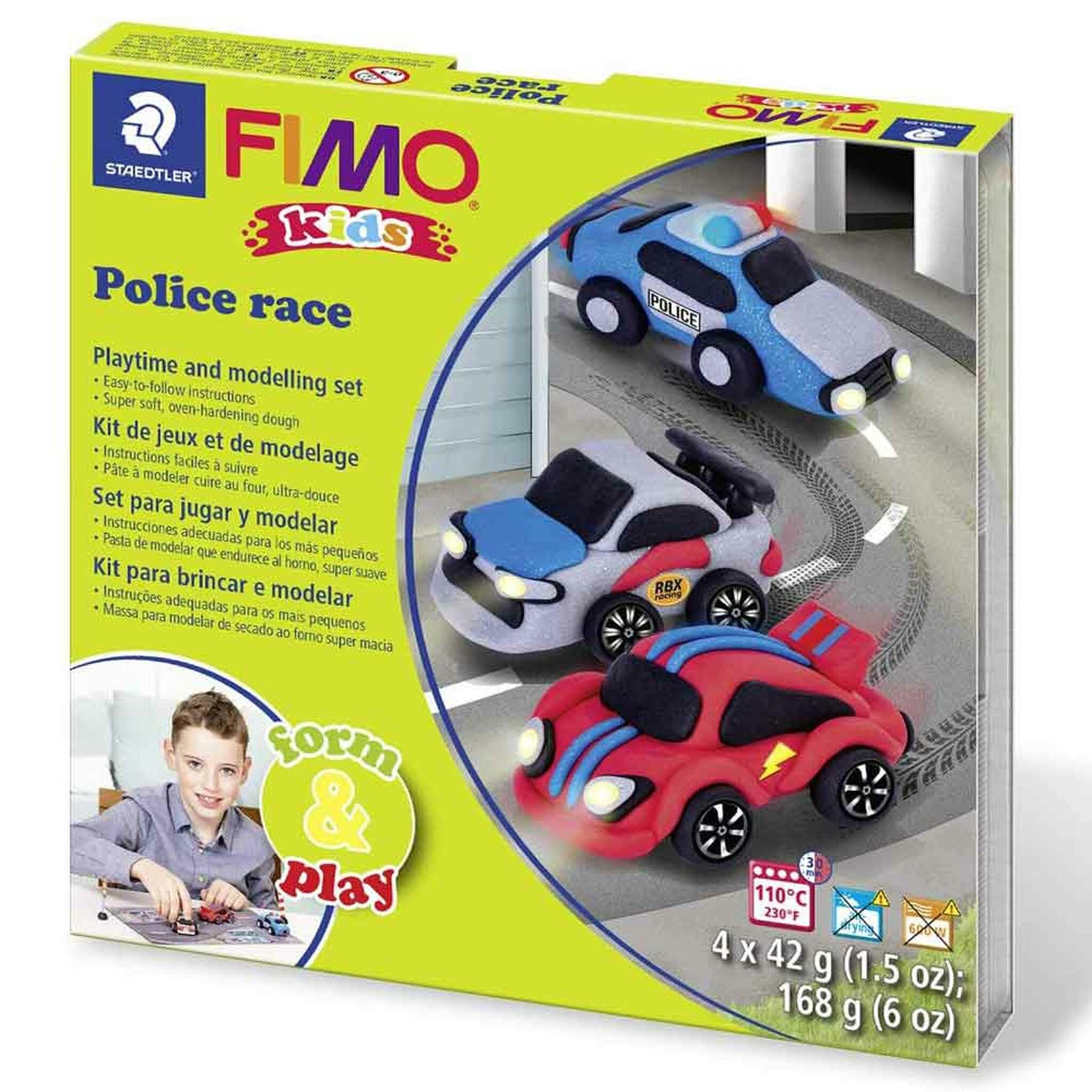 Box containing FIMO modelling clay police car set.