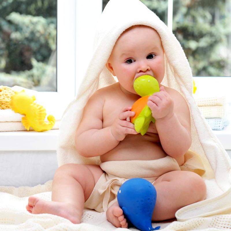 Baby in a bathrobe chewing the lime green and orange sea turtle bath toy.