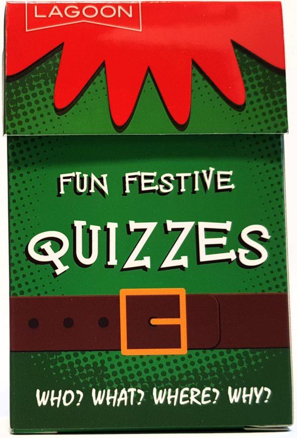Green Box with red at the top. In White it reads ' Fun Festive Quizzes' and at the bottom ' Who? What? Where? Why?'.