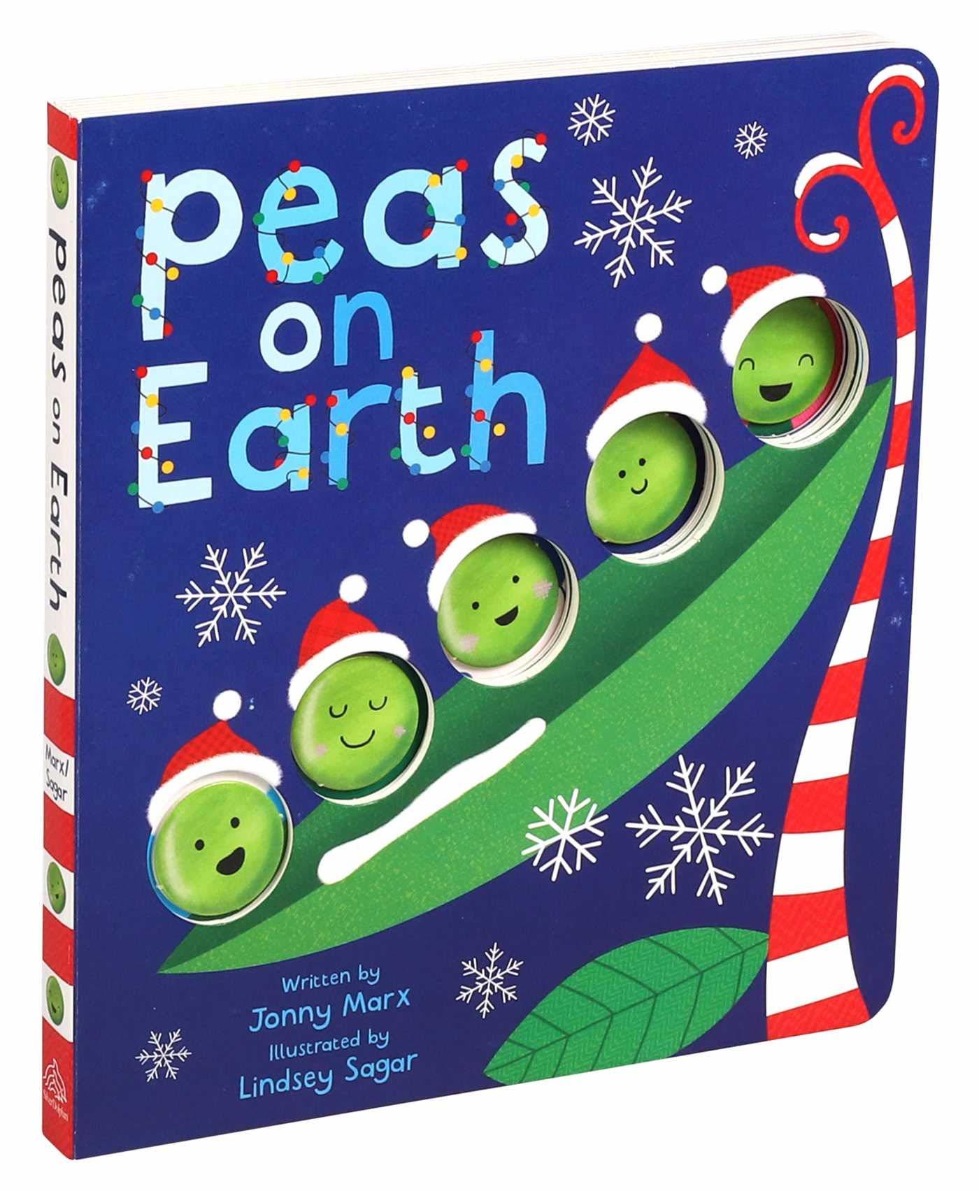Blue square board book with 5 peas on the front. Text reads ' Peas on Earth'.