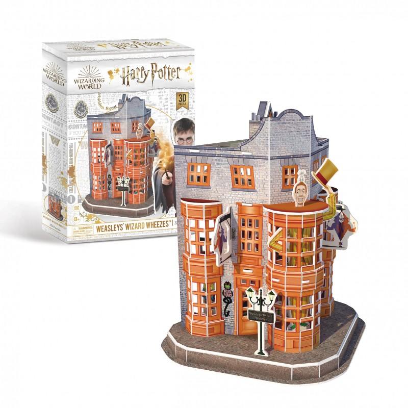 3D puzzle model of the Weasley Wizard Wheezes building with grey brick effect and red sandstone effect bay windows.