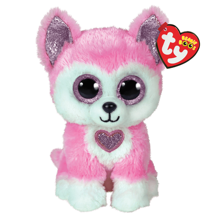 Pink, husky cuddly toy in seated position.