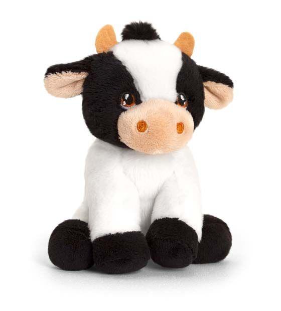 Black and white cuddly cow toy.