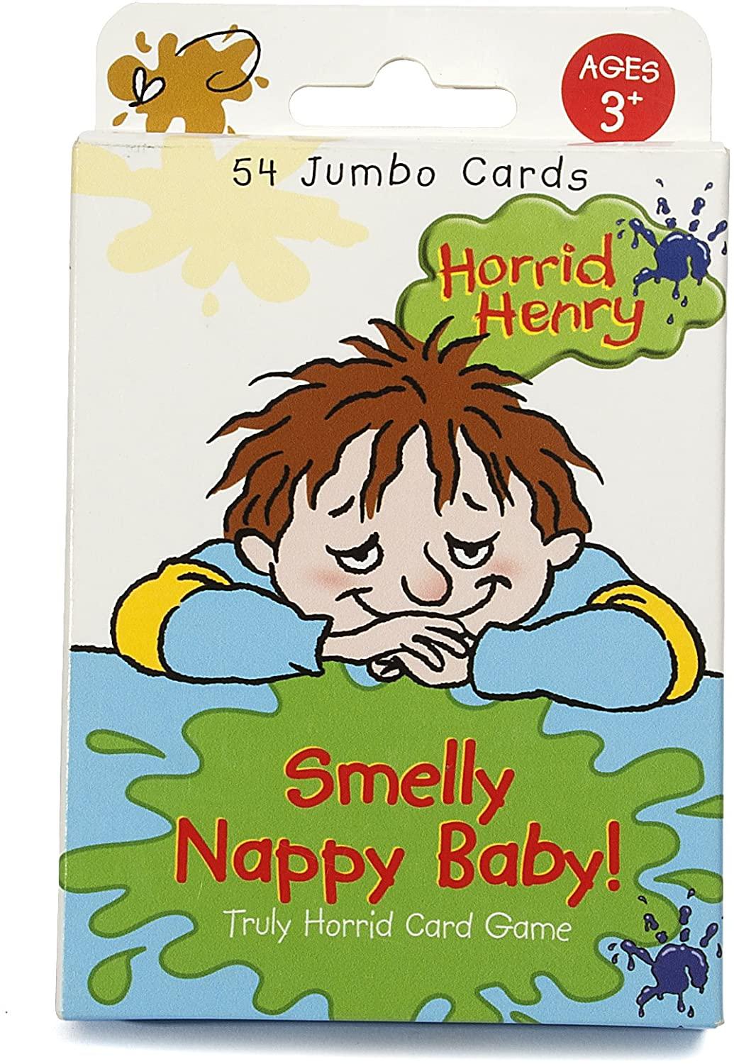 Rectangular box  containging Horrid Henry card game with cartoon illustration of brown haired boy with his hands joined on front of him and his head down and peeking over. Large green splodge in lower section with wording that reads: "Smelly Nappy Baby! Truly Horris Card Game"