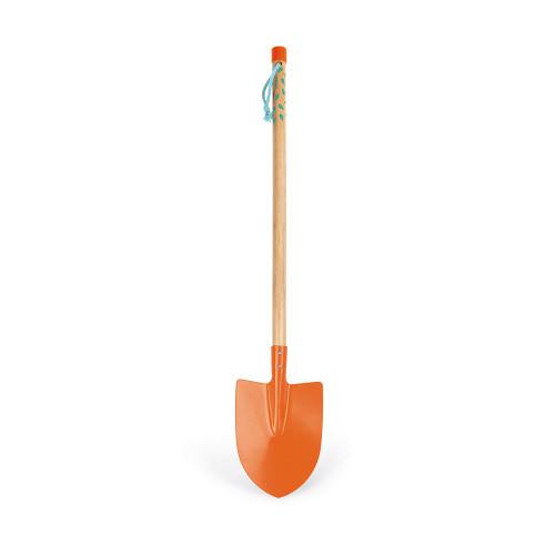 Orange metal spade with long wooden handle.