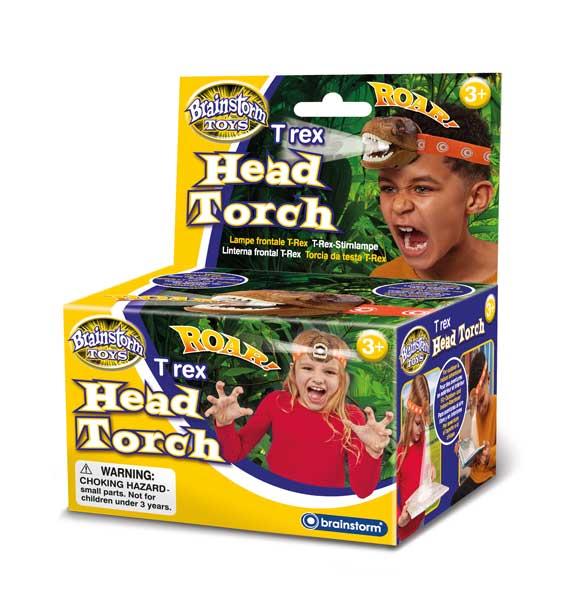 Packaging for children's dinosaur head torch.