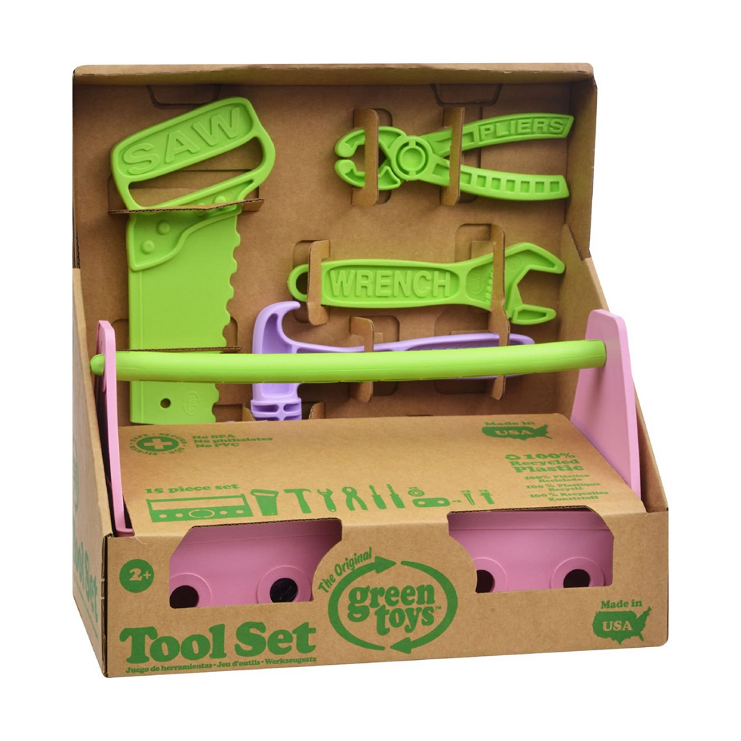 Children's pink toolkit made with 100% recycled plastic.