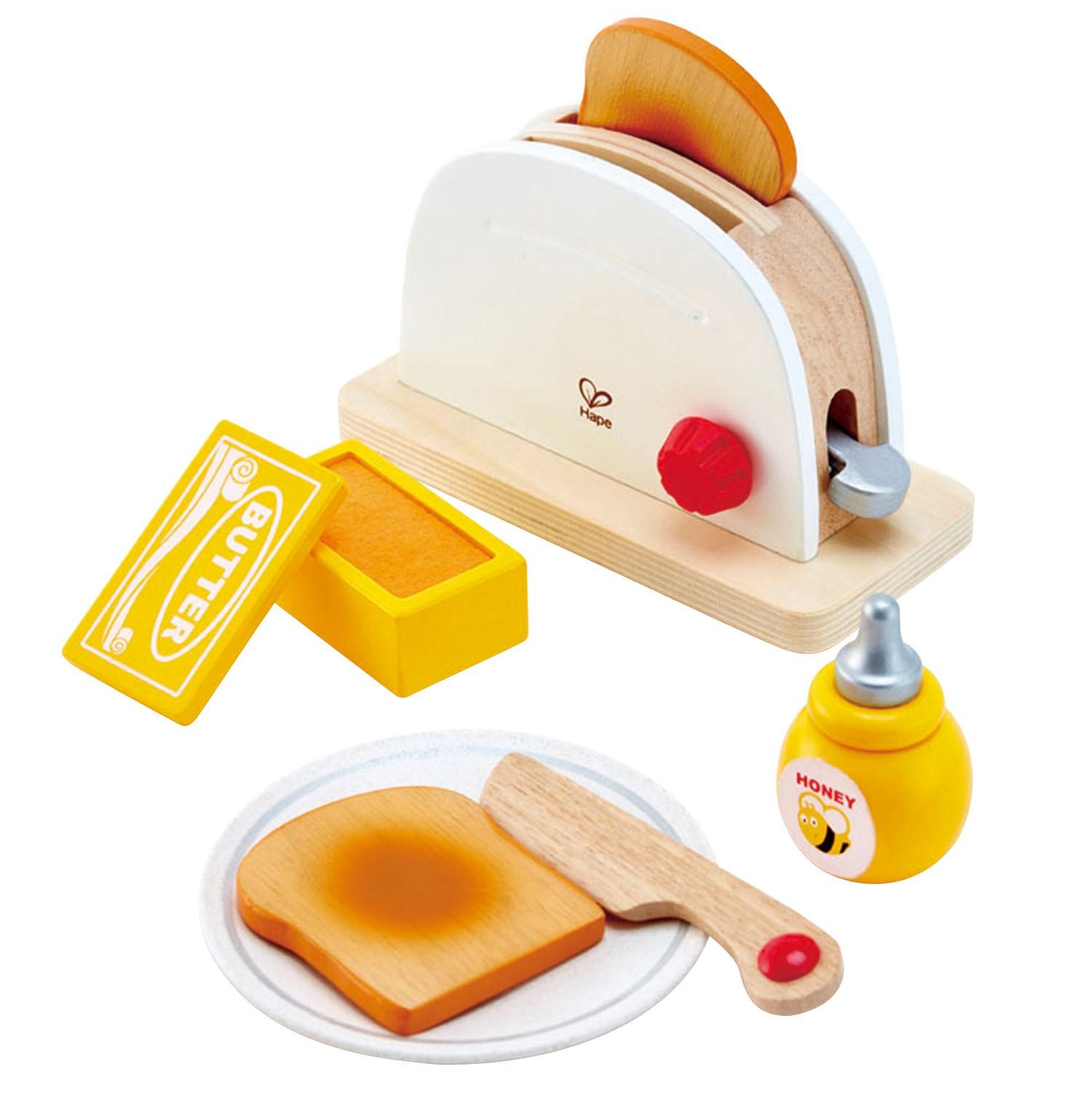 Wooden toaster with 2 slices of toast, plate, honey, butter and knife