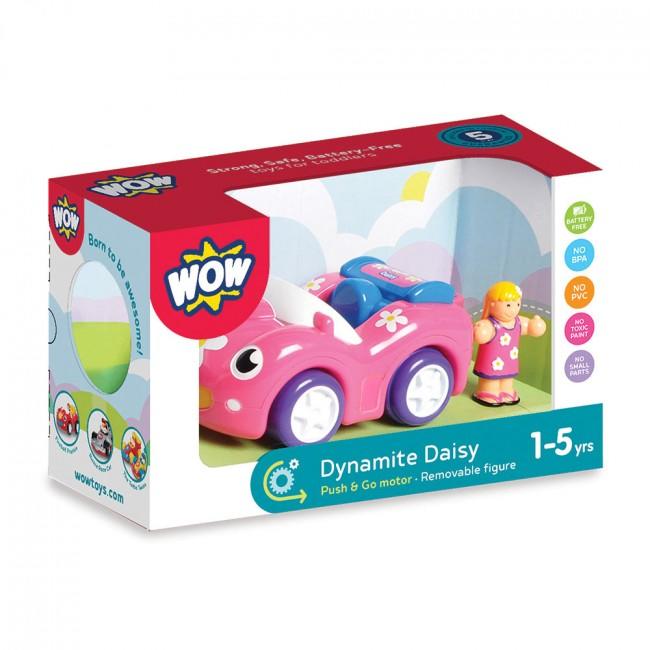 Packaging containing pink car and doll figure.