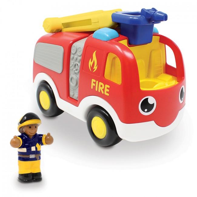 Fire truck set with fireman figure standing to the side. White background.