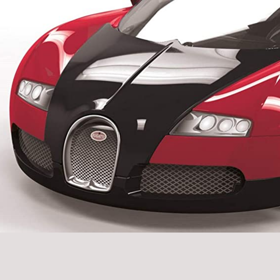 Close up of the bonnet of the red and black Airfix model Bugatti.