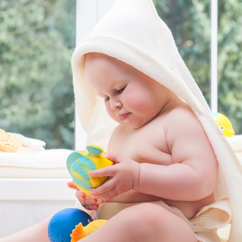Baby in bath-robe examining yellow and blue rubber fish toy.
