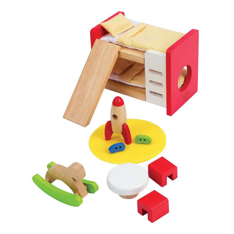 Dolls house wooden furniture for a child's bedroom including a bunkbed with bedding, rug, little toys and a small square table with 2 stools.