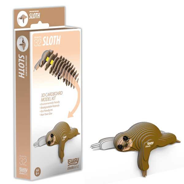 Eugy sloth lying beside the packaging.