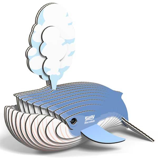 Blue and white blue whale model as if  'blowing' out water from the top.