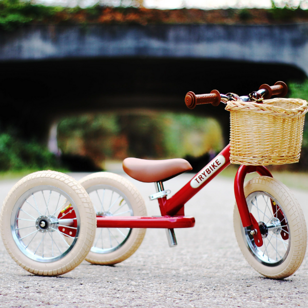 Red Trybike with wicker basket with a bridge in the background.