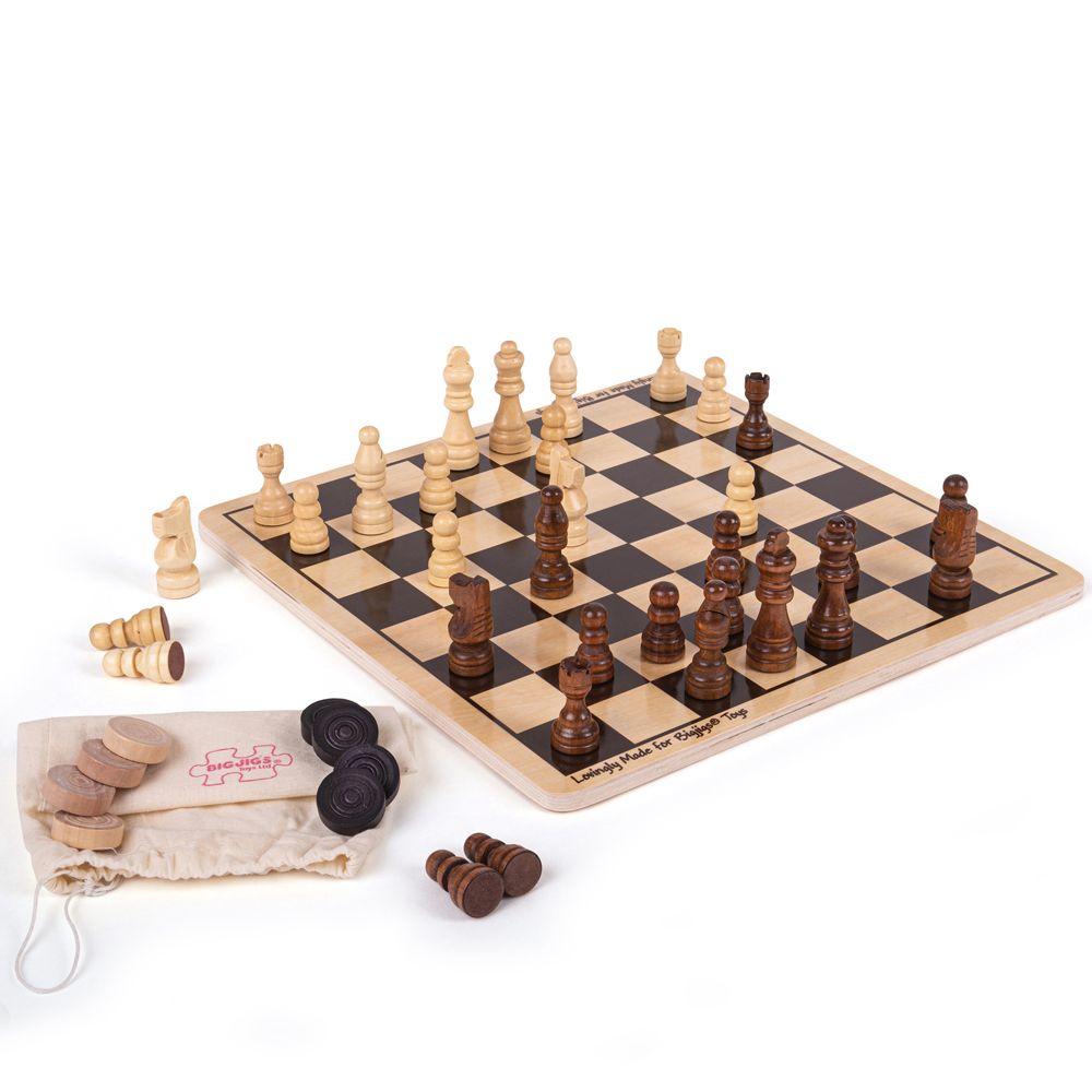 Wooden draughts and chess set with pieces and small fabric bag.