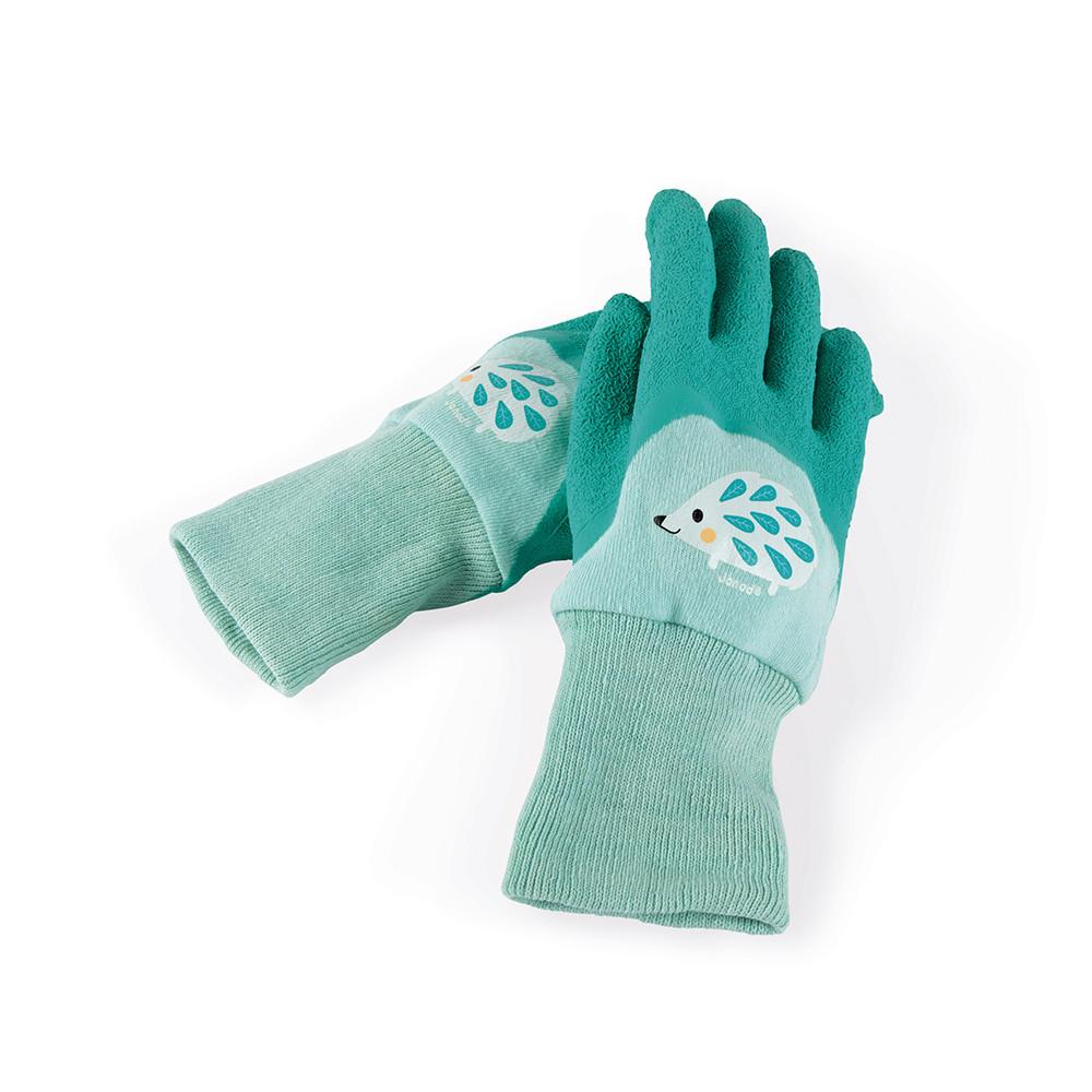 Pair of children's mint green gardening gloves with hedgehog image on each.