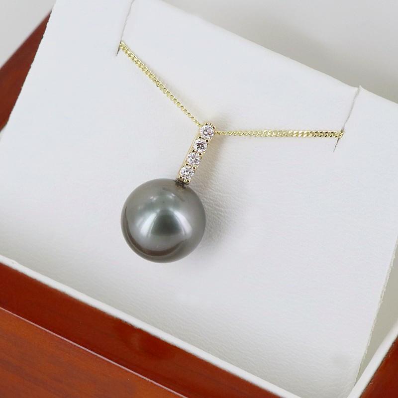 Black 10-11mm Tahitian Pearl Pendant Necklace With Diamonds, 18K Yellow ...