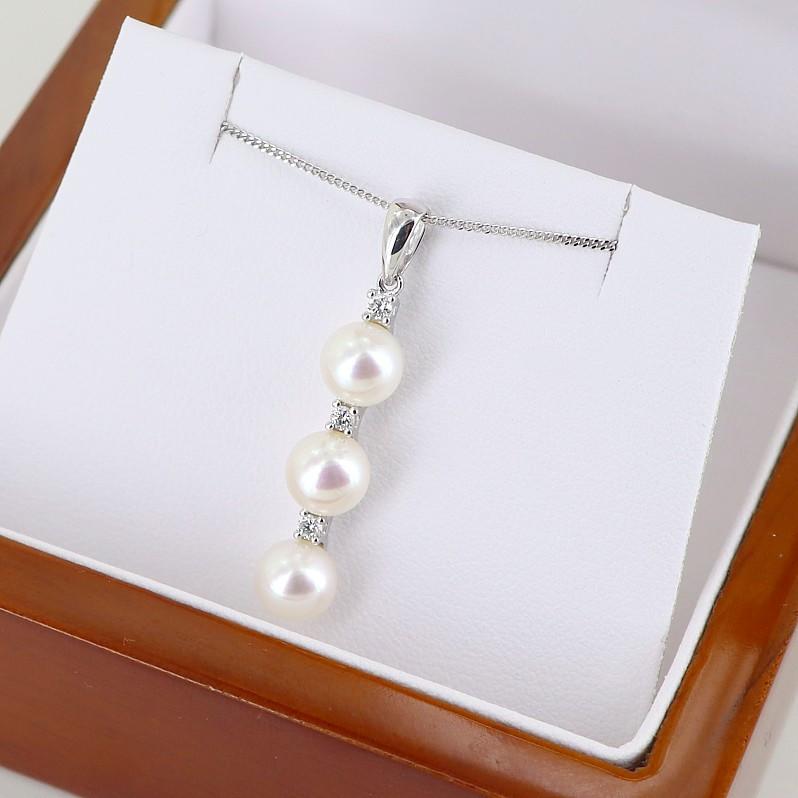 White Triple Pearl & Triple Diamond Pendant Necklace 6-6.5mm 9K White Gold