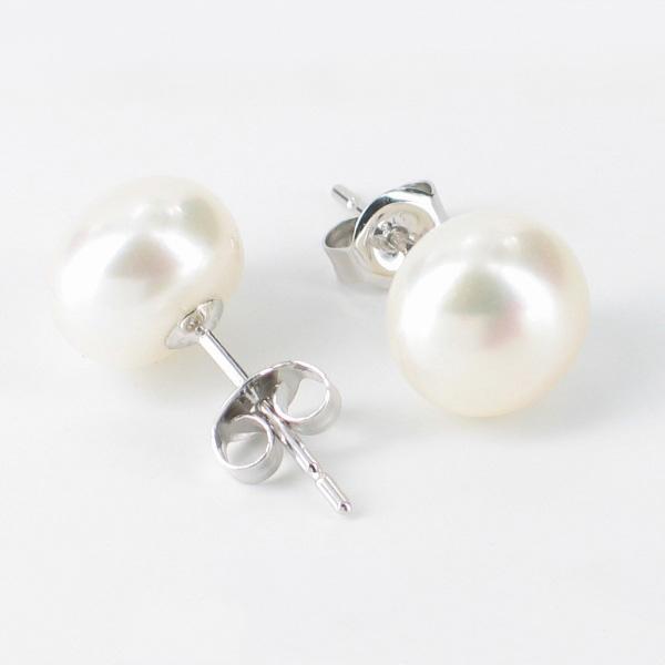 White Button Pearl Stud Earrings 8-8.5mm On 9K White Gold