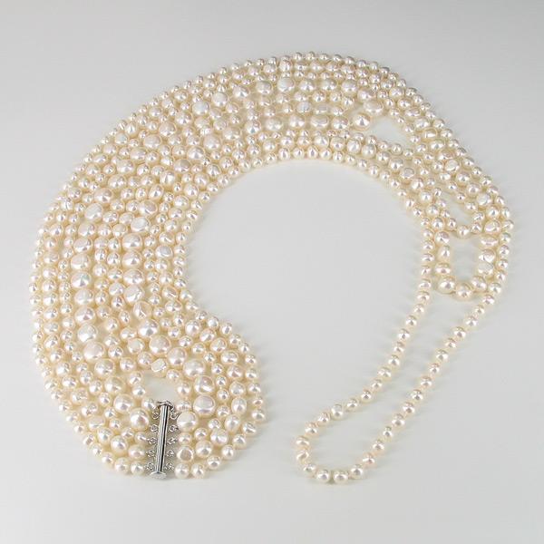 Vintage Double Strand Cultured Pearl Necklace with Diamond 14k Gold Cl