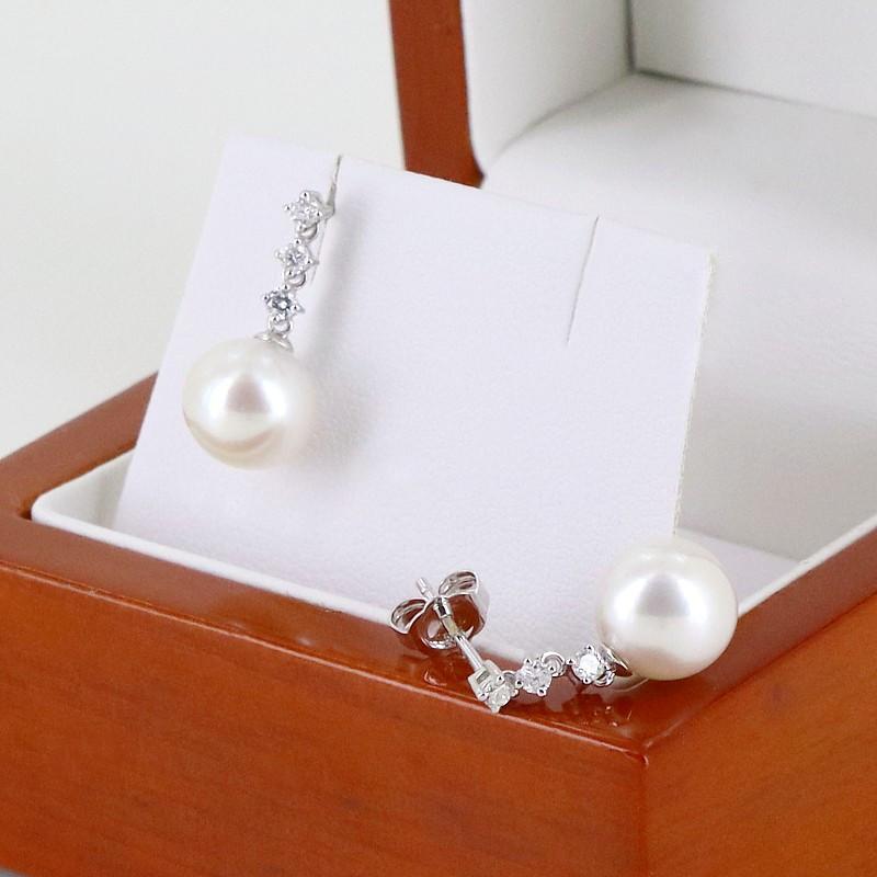 Large 8.5-9mm Round Freshwater Pearl & Diamond Earrings, 14K White