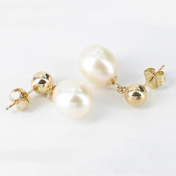 White Freshwater Pearl Earrings 8-8.5mm On 14K Yellow Gold