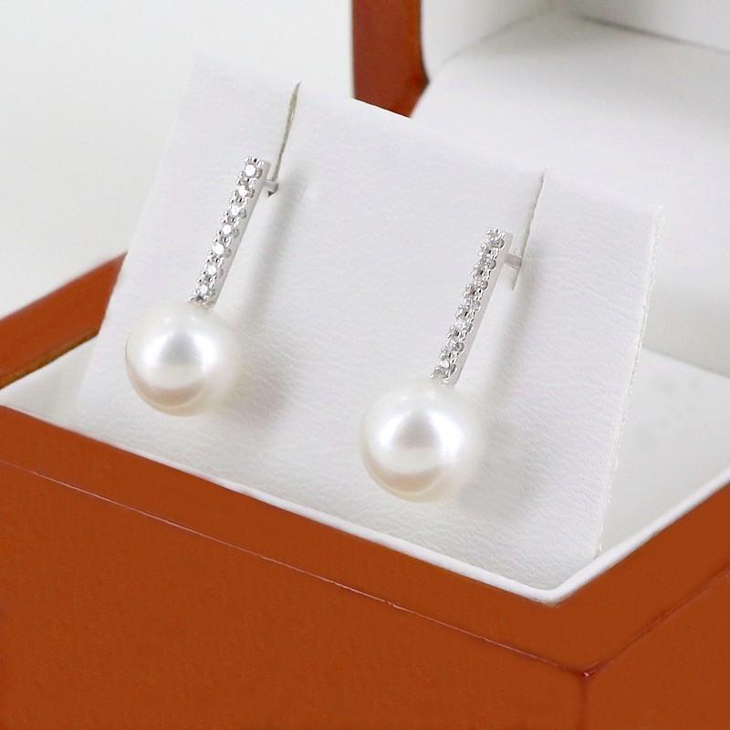Freshwater 8-8.5mm Pearl & Diamond Drop Earrings On 9K White Gold