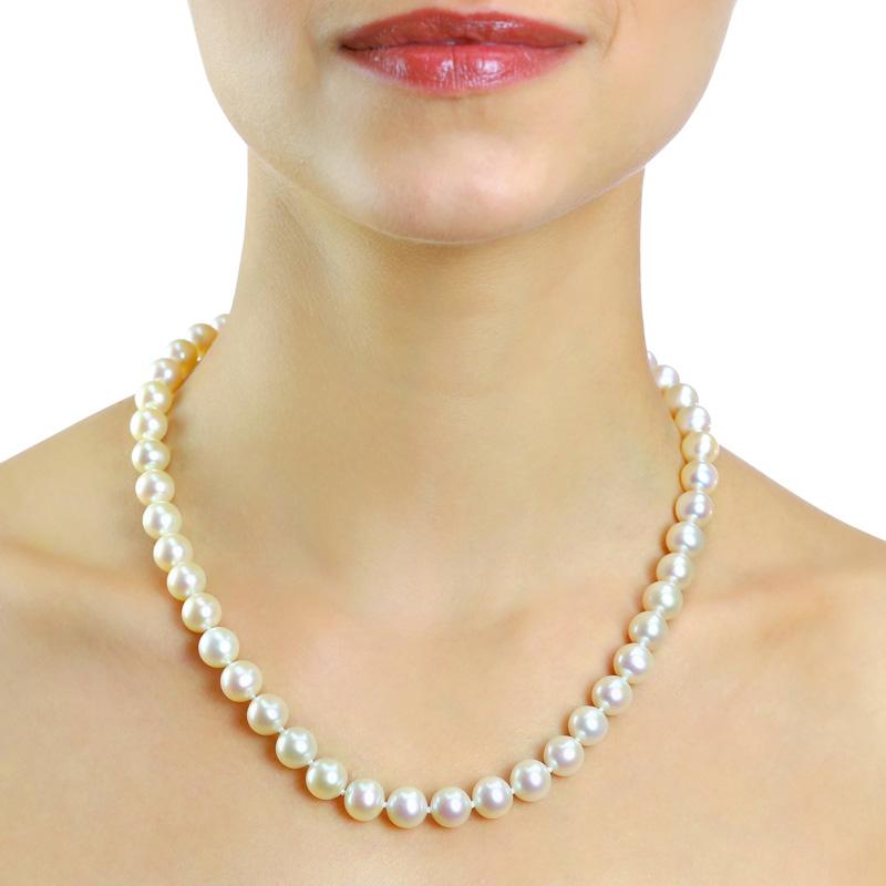 AAA+ 7-8mm Natural Akoya White Pearl Necklace – 18 Inch, 14k Yellow Gold, Round, Excellent Cut