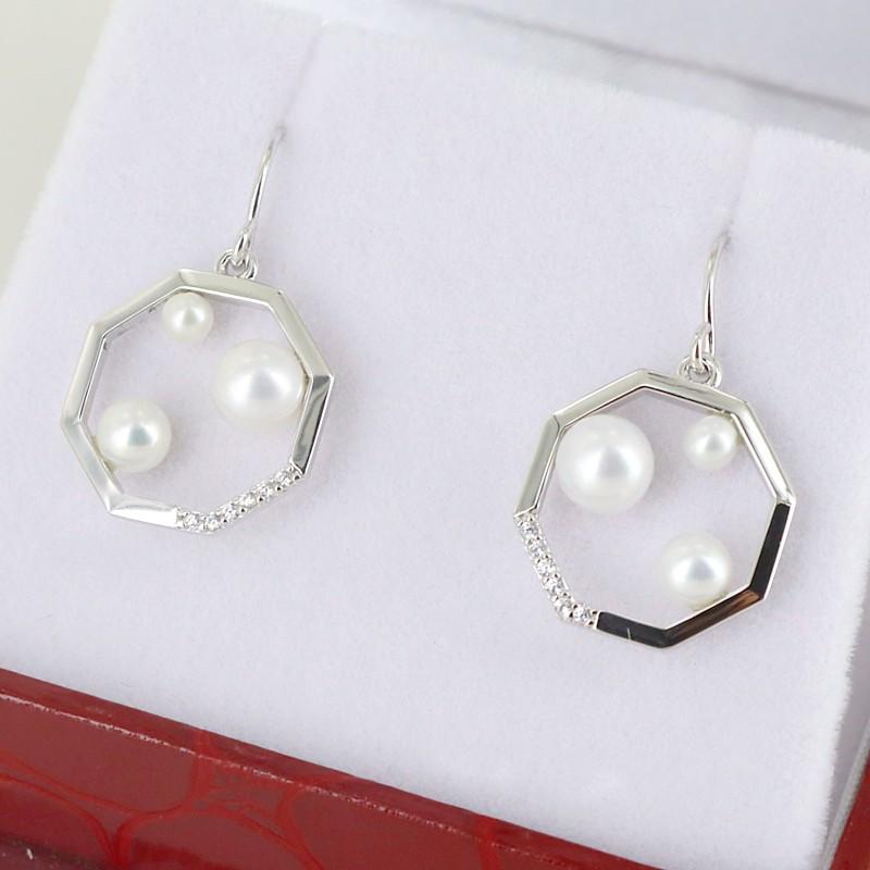 Sterling Silver 3-5.5mm Round Pearl Earrings With Cubic Zirconia