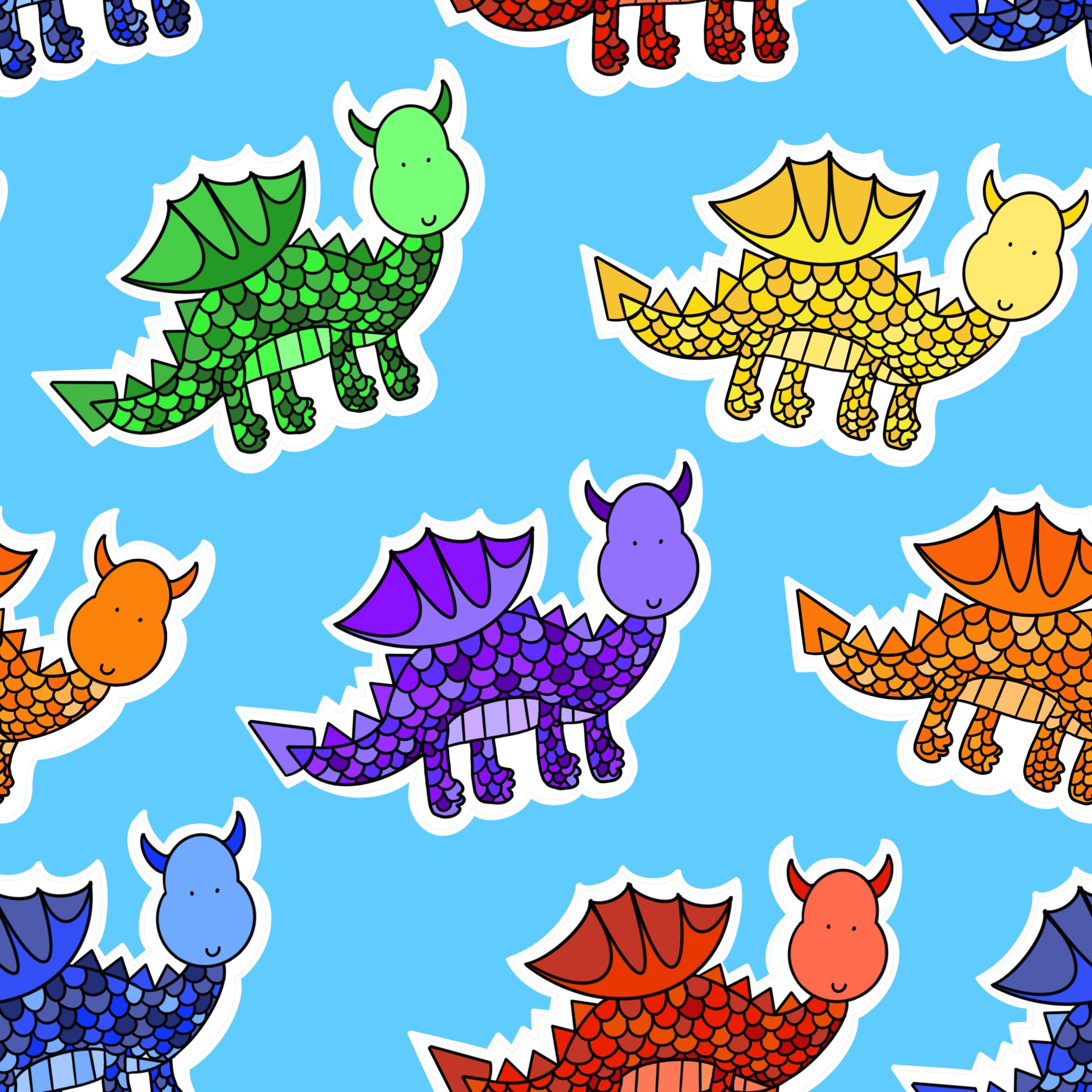sky blue background with multicoloured smiling dragons