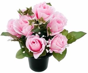 grave pot with artificial flowers rosebuds pink vase tributes memorial