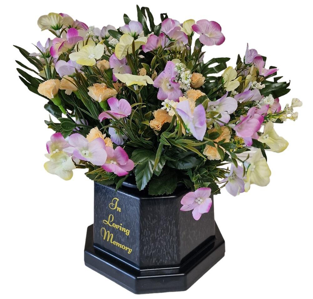 hydrangea carnation mixed flower arrangement for graves