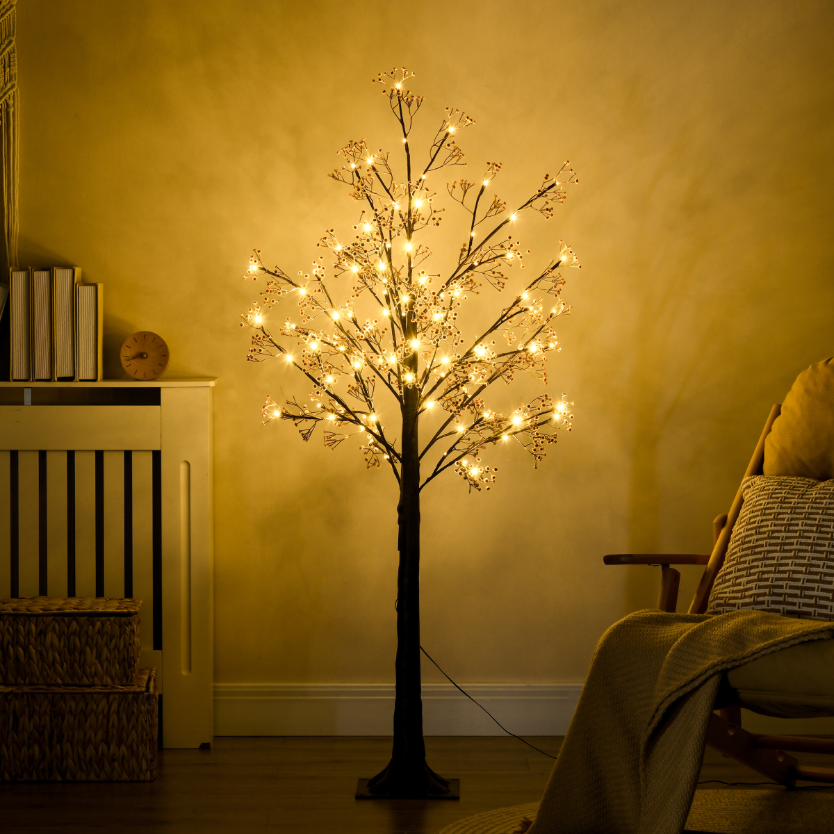 Warm white LED lights and baby breath flowers to decorate the artificial tree Pre-lit design saves your time in arranging the light LED lights consume little energy and are cool to touch The bendable branches allow for DIY tree shape Suitable for indoor and covered outdoor, including home, parties, patio, etc.