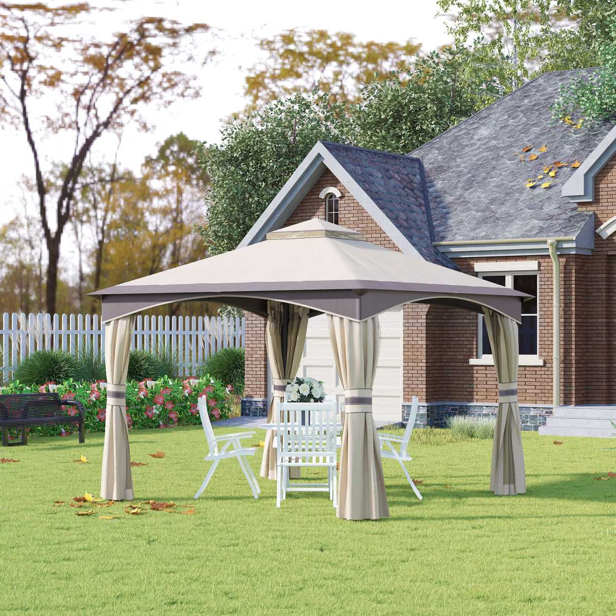 2-Tier Roof Gazebo Steel Frame Mesh Sidewalls