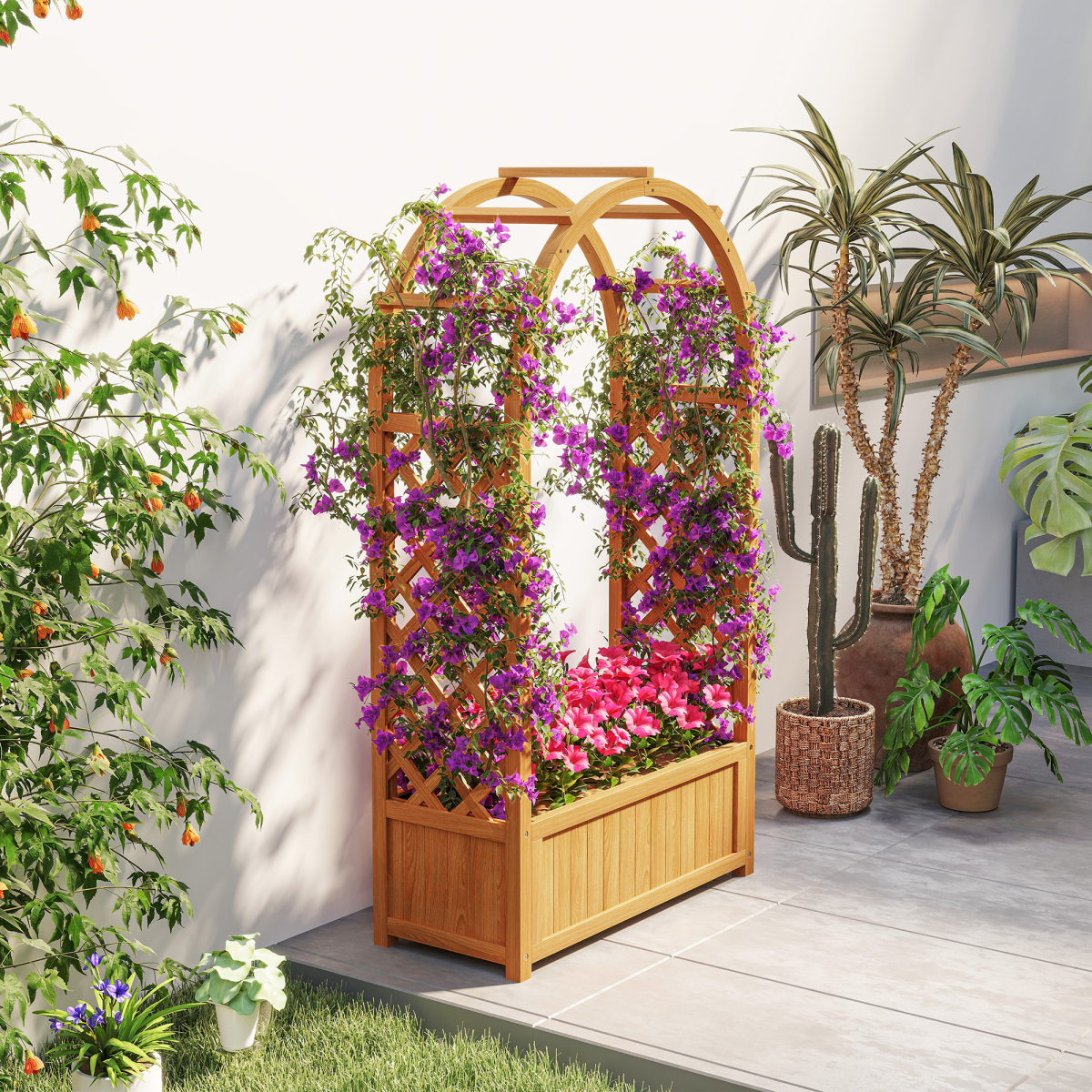 Wooden Raised Garden Bed, Trellis Planter
