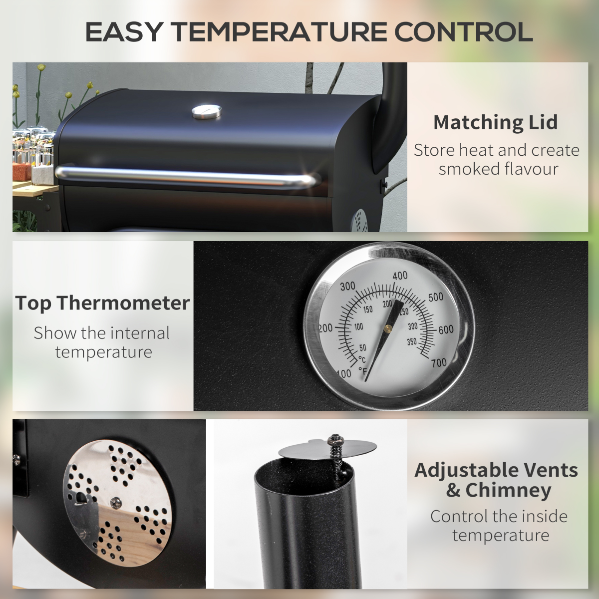 Charcoal Barbecue BBQ Grill Trolley - Shelves, Lid and Thermometer