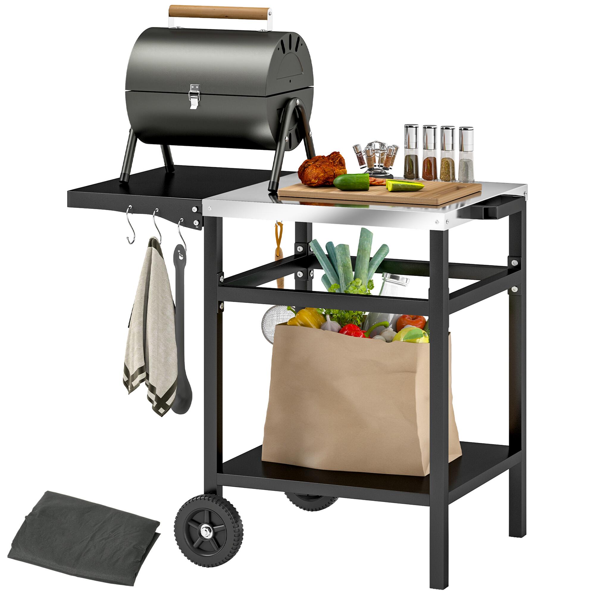 BBQ Trolley with Foldable Side Table, Movable Pizza Table, Black