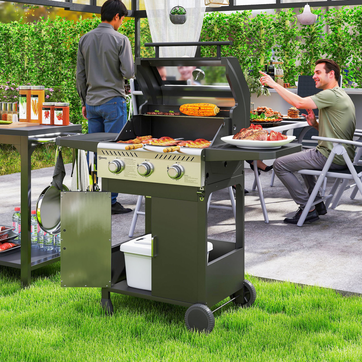 3 Burner Propane Gas BBQ Grill, See-through Lid and Thermometer