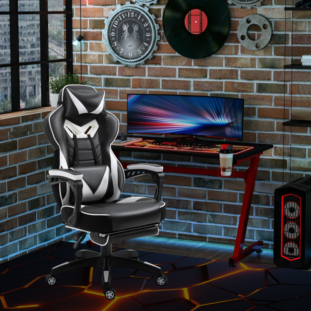 gaming chair ergonomic reclining w manual footrest wheels view 2
