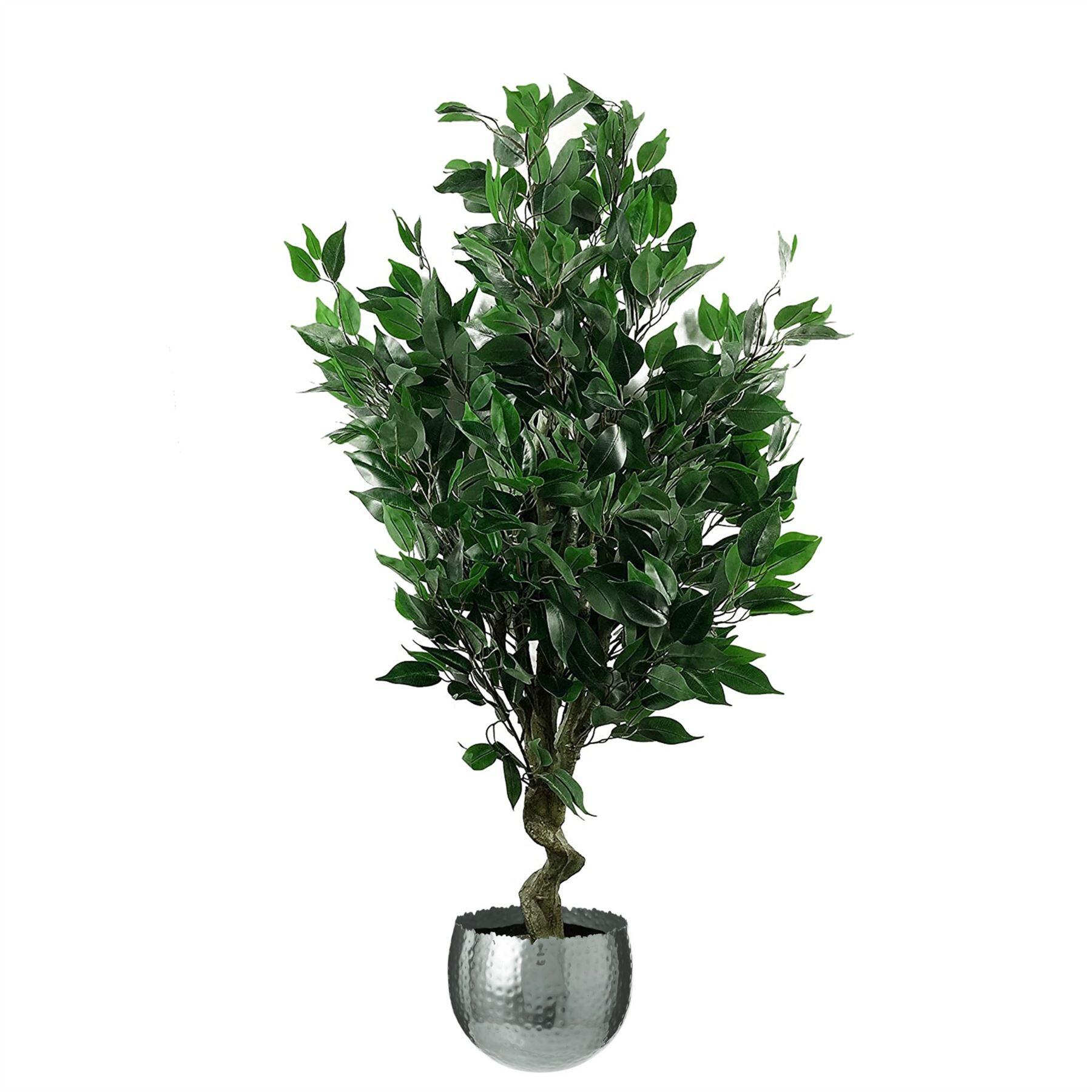 image of 110cm artificial evergreen twist ficus tree silver curve planter