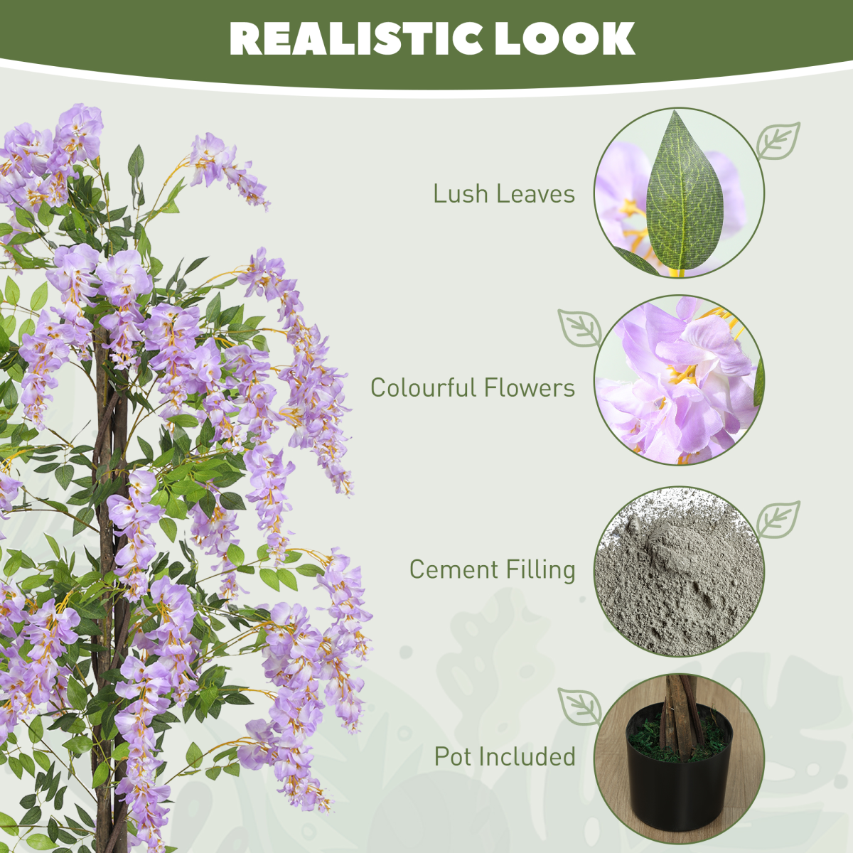 image of artificial wisteria flower with 756 leaves and 54 flowers, purple view 3
